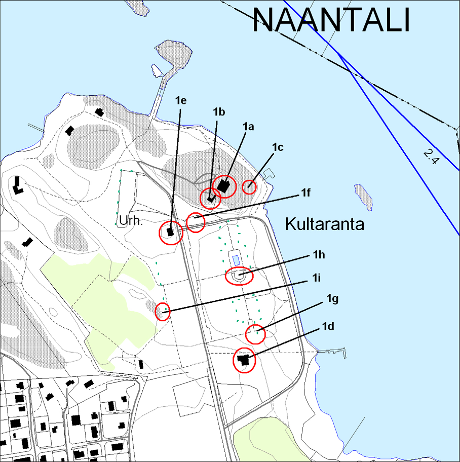 4 Kuva: Kultarannan suojeltavien rakennusten sijainti.