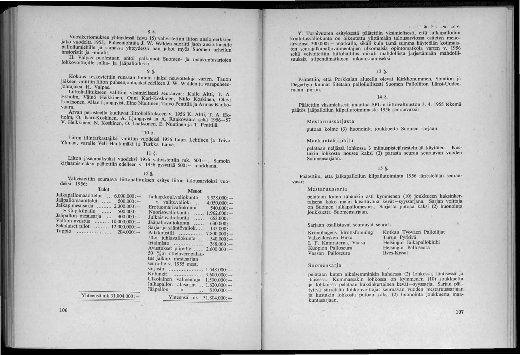 8.. Vuosikertomuksen yhteydessä (sivu 15) vahvistettiin liiton ansiomerkkien jako.vuo~elt.a 19?5. Puheenjohtaja J. W. Walden suoritti jaon ansioituneille pall.