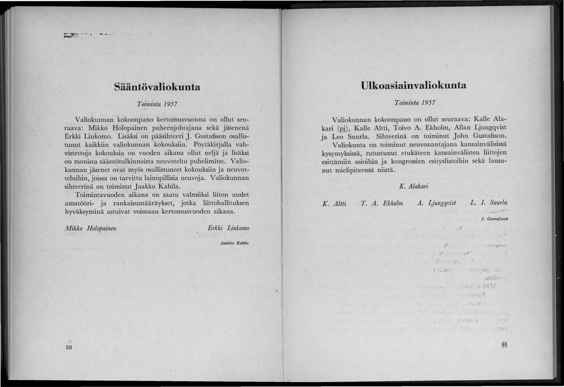 Sääntövaliokunta Toiminta 1957 Valiokunnan kokoonpano kertomusvuonna on ollut seuraava: Mikko Holopainen puheenjohtajana sekä jäsenenä Erkki Linkomo. Lisäksi on pääsihteeri J.