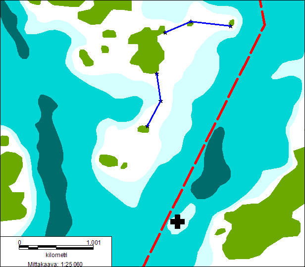 KARTTA 8. Ohjaava pulttaus, Rajakari Vepsä (karttapohja: mukaillen merikortti). 7.