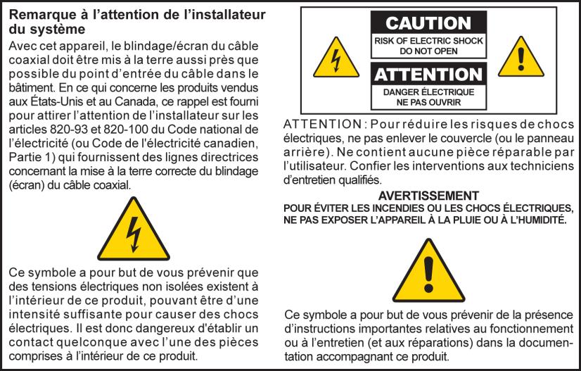 Notice à l attention des installateurs de réseaux câblés Les instructions relatives aux interventions d entretien, fournies dans la présente notice, s adressent exclusivement au