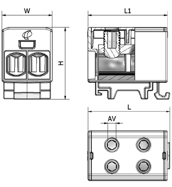 2xAl/Cu 6-240 mm² Ruuvi- tai DIN-kiskokiinnityksellä, haaroitusliitin. DIN-kiskokiinnitys on varustettu asennusta nopeuttavalla ClickSet -kiinnitysmekanismilla.