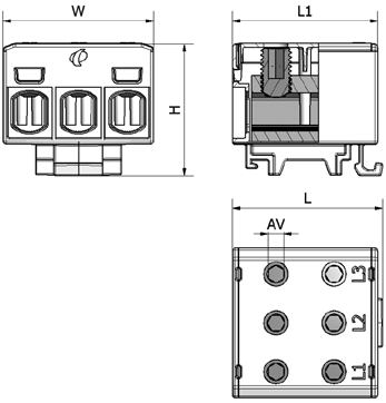 Yleisliittimet OT-yleisliittimet OT-yleisliitin 3xAl/Cu 1,5-50 mm² DIN-kiskokiinnityksellä, 3-napainen yleisliitin Sähkönumero Tuotekoodi Väri (mm²) Un (V) In (A) Kiristysmomentti 1 H W AV 19 141 09