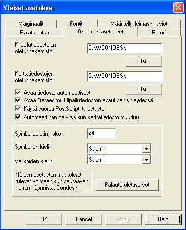 Ohjelman asetukset Tämän toiminnon avulla voit määritellä koko Condes ohjelmaa koskevia asetuksia.