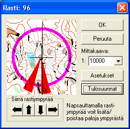 Rastiympyrä Tämän toiminnon avulla voit hienosäätää rastiympyrää. Muista aina tehdä rastiympyrän hienosäätö siinä mittakaavassa, jossa rata on tarkoitus tulostaa.