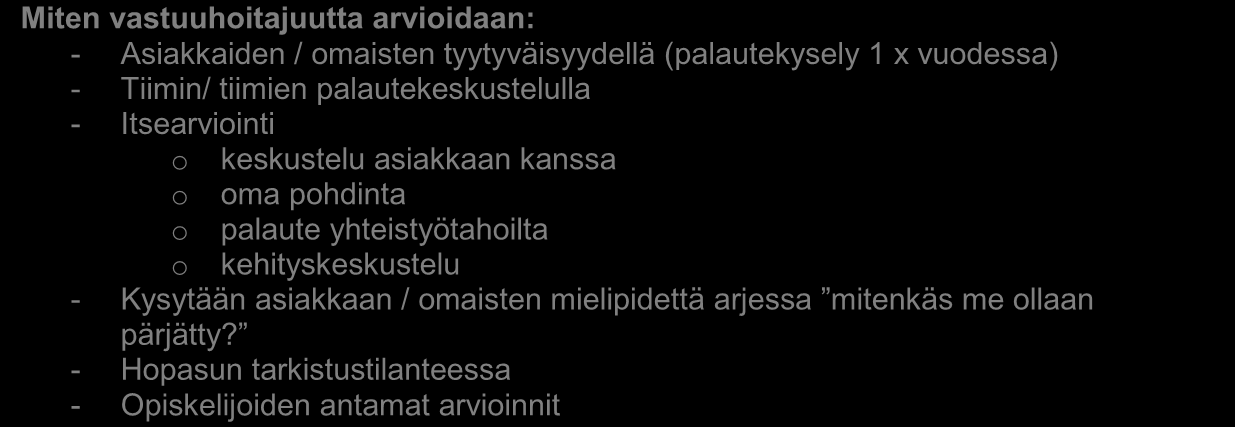 Hyvä vastuuhoitaja: - omaa hyvät vuorovaikutustaidot (kuuntelee ja kuulee asiakasta, omaisia ja yhteistyötahoja) - on kiinnostunut ja kantaa vastuun sovituista asioista niin asiakkaan, omaisten kuin