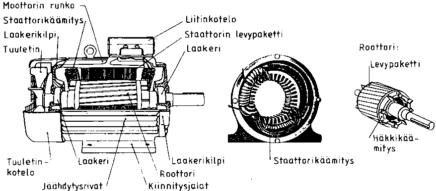 Kuva 5, Oikosulkumoottorin halkaisukuva Virta roottorikäämitykseen saadaan pyörivästä magneettikentästä ( Kuva 6 ) Magneettivuon on