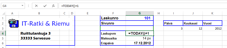 Kuva 117 Today() (Tämä.päivä) - funktion käyttöä G4-solussa on käytetty Today() (Tämä.päivä) -funktiota tämän päivän päivämäärän palauttamiseen.