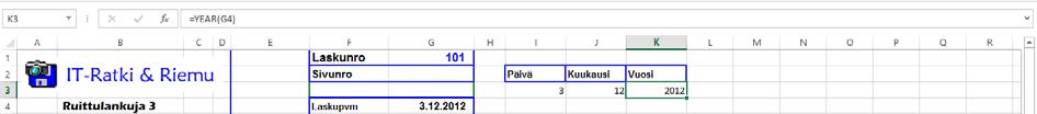 Kaavarivi Kuva 118 Day() (Päivä) - funktion käyttöä Voit funktiolla irrottaa, palauttaa solun päivämäärästä toiseen soluun päivien lukumäärän (yllä 3).