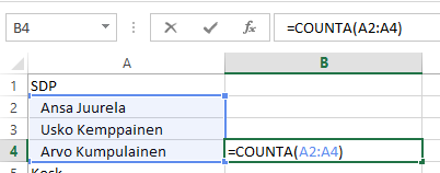 Harjoitustiedosto: Sisennys.xlsx Määrän laskeminen Count() (Laske), CountA() (Laske.A), CountBlank() (Laske.Tyhjät), CountIf() (Laske.Jos)