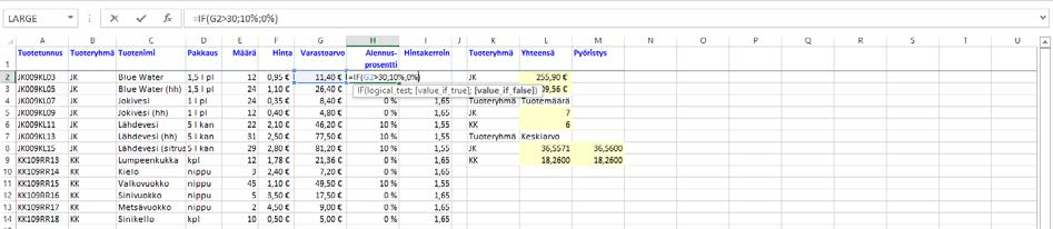 Loogiset funktiot Vertailufunktiot And() (Ja), Or() (Tai) ja If() (Jos) -funktioilla voit tehdä hyvin monipuolisia vertailuja joiden perusteella voit jatkaa laskentaa.