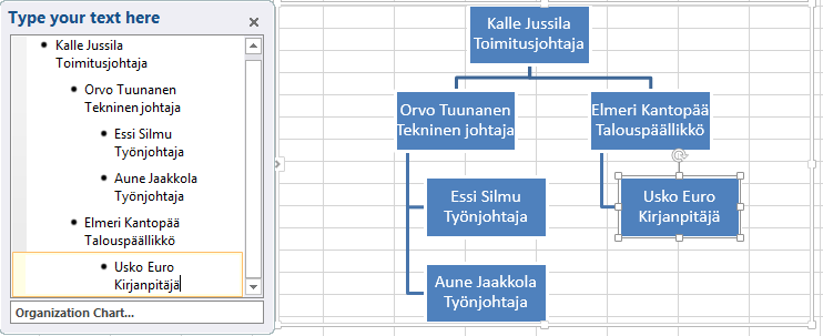 Tekstiruudun eri kohtiin kirjoitat organisaation jäsenten nimet ja toimenkuvat.