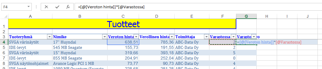 Lisää laskettu sarake oikealle Tietokannan riviarvoilla laskemisen teet taulukossa seuraavasti.