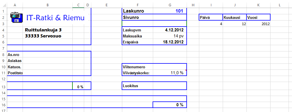 Avaa Laskutus-työarkki ja muotoile se seuraavan kuvan mukaiseksi. Kuva 224 Laskutus lomake Tämä lomake on erinomainen esimerkki lomakkeesta, jossa voit käyt tää erilaisia lomakeobjekteja.