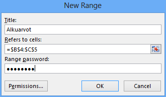 Kuva 242 Allow Users to Edit Ranges (Salli käyttäjien muokata alueita) - painikkeen painallus Määritykset alueen muutoksen