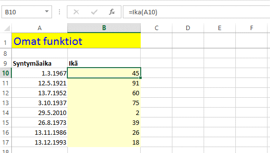 Alemmassa osassa on käytetty ohjelmoitua iän laskevaa funktiota. Ikä lasketaan viereen kirjoitetuista päivämääristä.