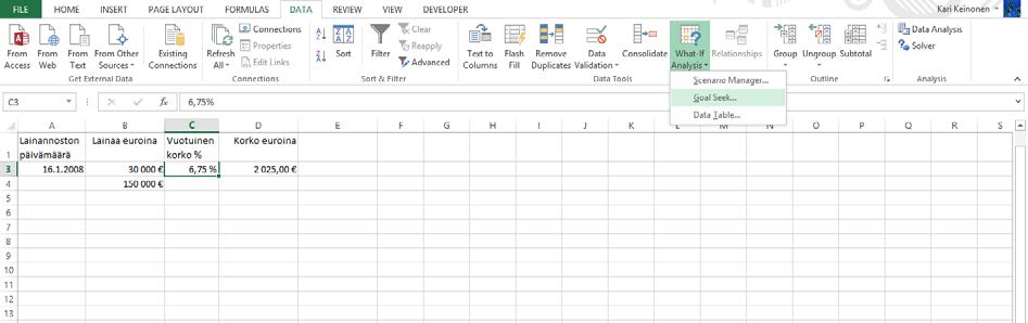 Tavoitteen haku ja ratkaisija Tavoitteen haku (Goal Seek) Harjoitustiedosto: Lainaluettelo.xlsx Goal Seek (Tavoitteen haku) -toiminnolla etsit laskennan tulokselle tavoitearvoa.