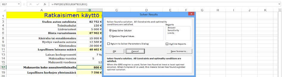 Valitse By Changing Variable Cells (Muuttamalla muuttujasoluja) -kenttään solut (B3 ja B14 - erotetaan ;-merkillä) joiden arvot saavat muuttua.