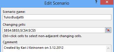 Skenaarion nimiruutu Muutettavat solut Kuva 257 Edit Scenario (Muokkaa skenaariota) - valintaikkuna Kirjoita Scenario name
