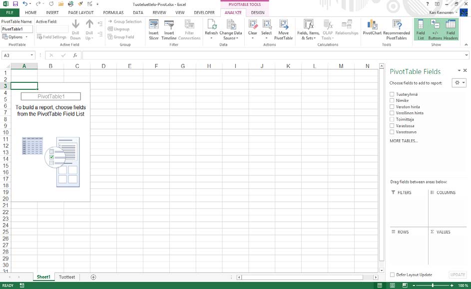 Kuva 264 Pivot- taulukko Näytöllä ilmestyy uusi työkirja ja valintanauhaan PivotTable Tools (Pivot työkalut) -ryhmä, jossa on Options (Asetukset) ja Design (Rakenne) -välilehtien valitsimet.