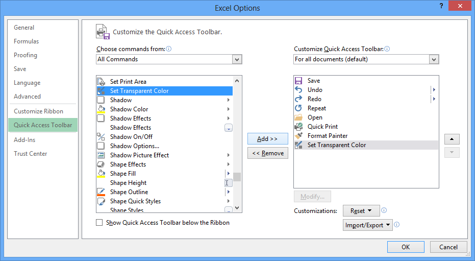 Kuva 294 Quick Access Toolbar (Pikatyökalurivi) - välilehti Valitse Choose commands from (Valitse komento) -pudotusvalikosta All Commands (Kaikki komennot) -komentorivi.