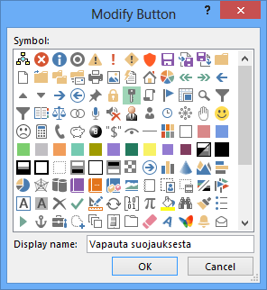 Painikkeelle valittu kuvake Työkalurivillä näytettävä panikevihje Kuva 297 Modify Button (Muokkaa painiketta) - valintaikkuna Valitse painikkeelle sopiva makron aihetta kuvaava kuvake, kirjoita