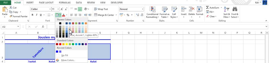 Harjoitustiedosto: Jousimyynti.xlsx Solun ja alueen taustaväri sekä reunaviiva Valikoima kirjasinvärin muuttamiseksi Kuva 81 Valitun alueen taustaväri Kuvassa on valittu solualue vetämällä.