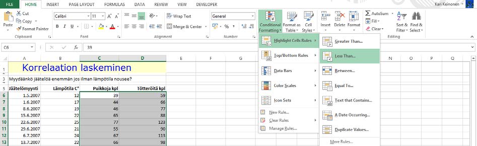 Ehdollinen muotoilu Ehdollisella muotoilulla (Conditional Formatting) korostat alueen niitä arvoja, jotka poikkeavat muiden solujen arvoista tai vastaavat määrittämääsi arvoa.