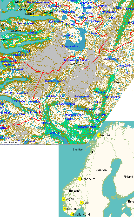 Kuva 3 Kartta Svartisen-jäätikön alueelta.