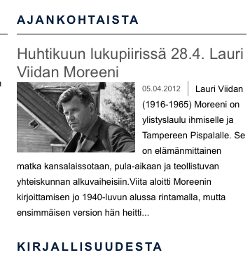 Esimerkki Yle ja lukupiirit Ylellä ohjelma Lukupiiri - > Ohjelman ennakko/edotus - > Ohjelman aineistonäyeelymateriaali - > Ohjelman