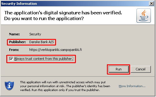 Kirjautuminen verkkopankkiin Kun tietokoneesta poistetaan kaikki Java-ohjelmat, yleensä myös Danske Bankin varmenne poistuu.