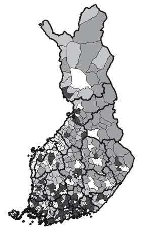 Kuvio 1: Kuntien väliset hyvinvointierot 2000-luvun puolivälissä. 125 Lähde: Karvonen ja Kauppinen 2009.