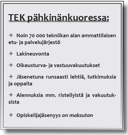 Tek niikan Akateemisten Liitto TEK on teekkareiden, diplomi-insinöörien ja arkkitehtien etu- ja palvelujärjestö.