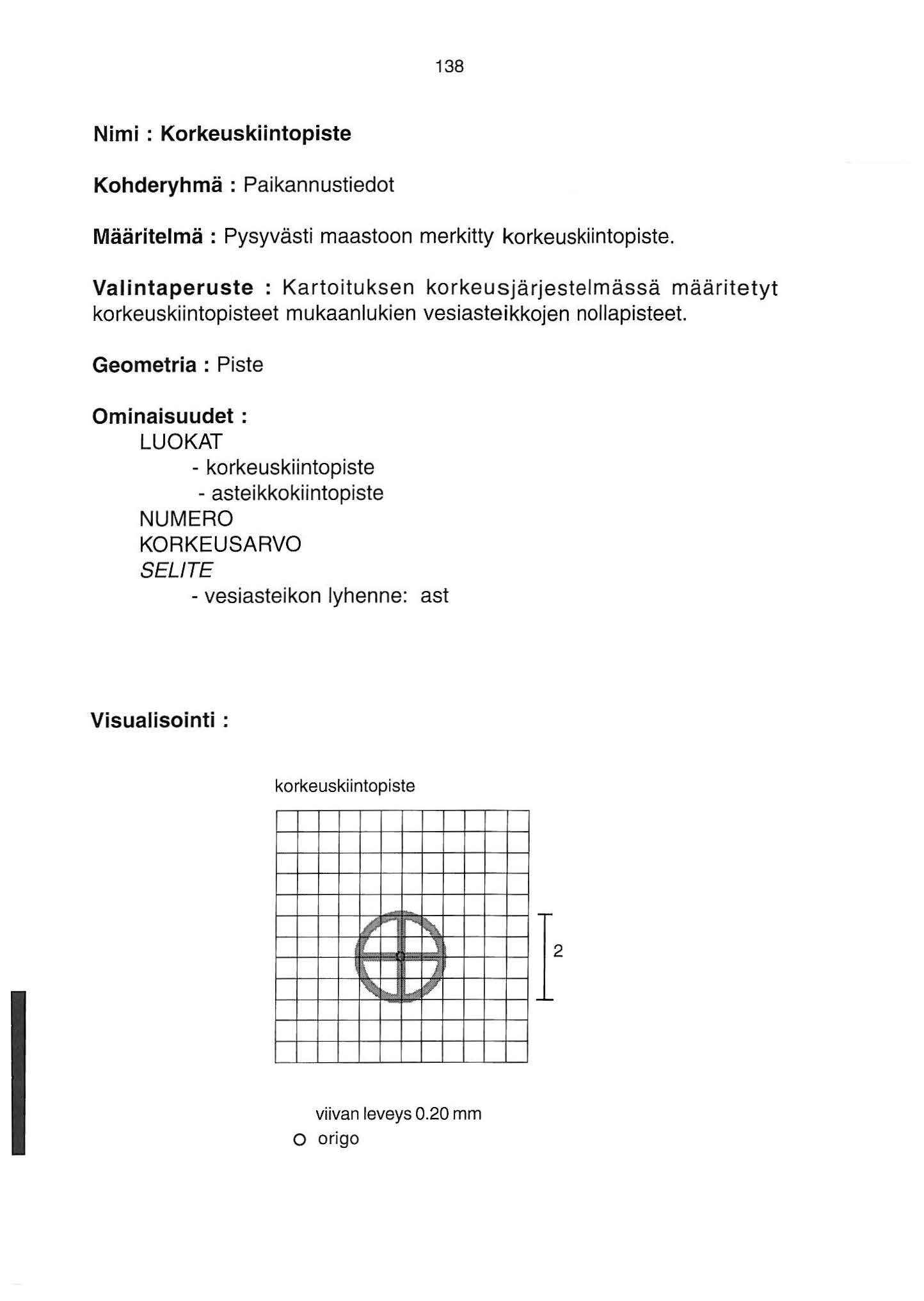 38 Nimi : Korkeuskiintopiste Kohderyhmä : Paikannustiedot Määritelmä : Pysyvästi maastoon merkitty korkeuskiintopiste.