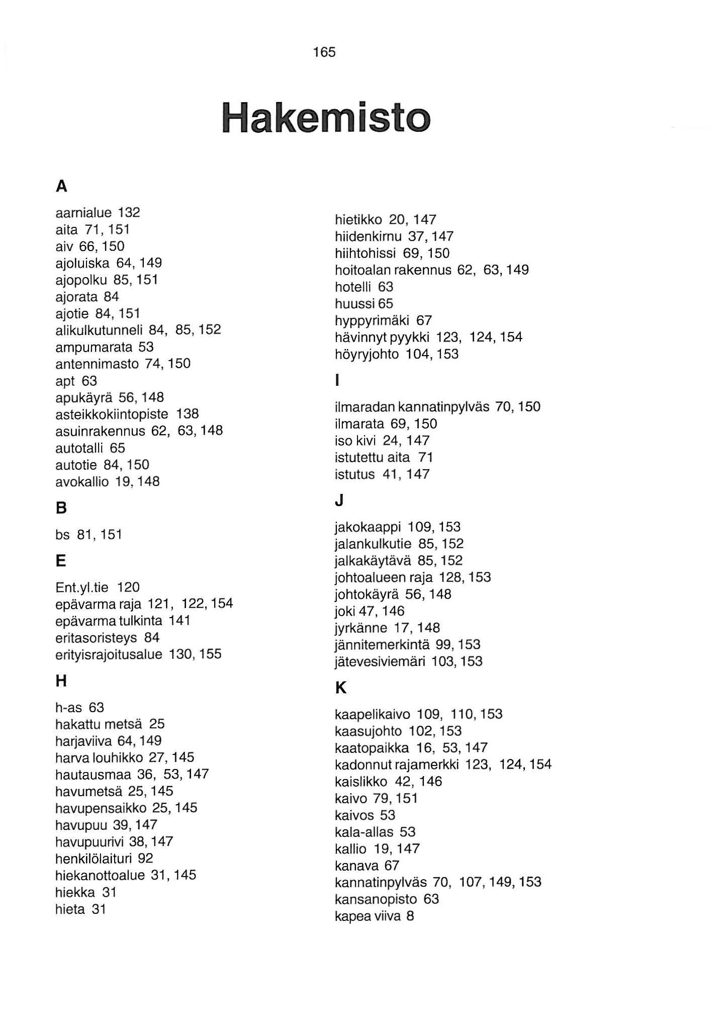65 Hakemista A aarnialue 32 aita 7, 5 aiv 66, 50 ajoluiska 64, 49 ajopolku 85, 5 ajorata 84 ajotie 84, 5 alikulkutunneli 84, 85, 52 ampumarata 53 antennimasto 7 4, 50 apt 63 apukäyrä 56, 48