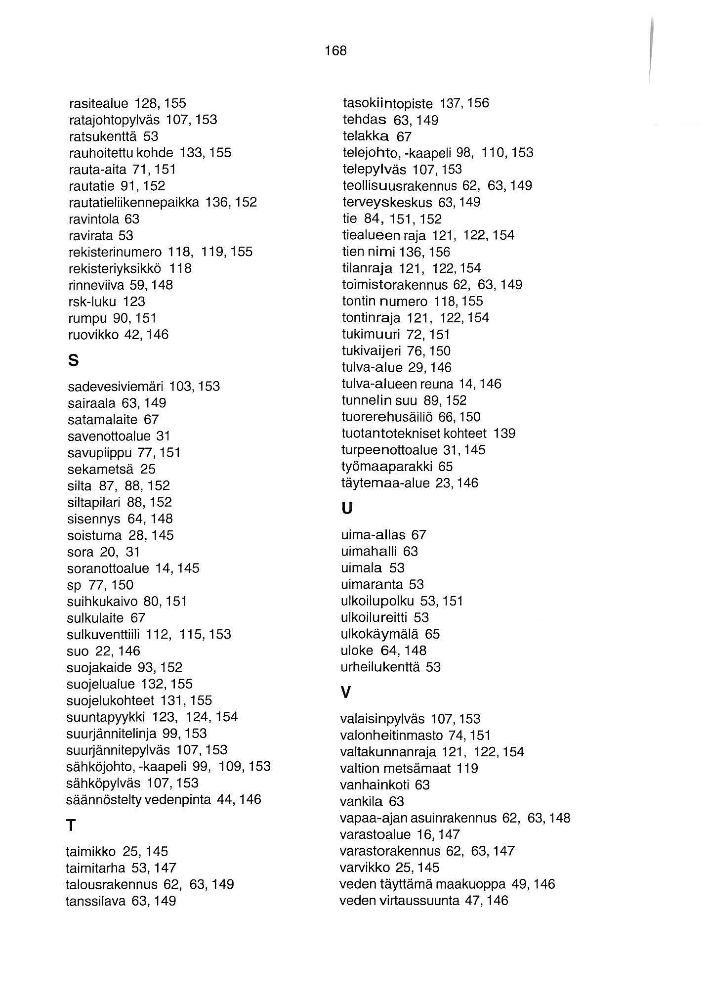 68 rasitealue 28, 55 ratajohtopylväs 07, 53 ratsukenttä 53 rauhoitettu kohde 33, 55 rauta-aita 7, 5 rautatie 9, 52 rautatieliikennepaikka 36, 52 ravintola 63 ravirata 53 rekisterinumero 8, 9, 55