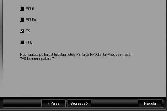 TULOSTINOHJAIMEN / PC-FAKSIOHJAIMEN ASENNUS PS-tulostinohjaimen, PPD-ohjaimen tai PC-faksiohjaimen asennus Asennus on mahdollista jopa USB-kaapelin yhdistämisen jälkeen.