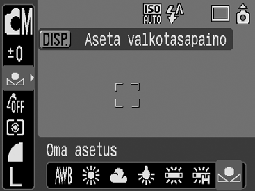 102 2 Tähtää kameralla valkoiseen paperiarkkiin tai kankaaseen ja paina -painiketta. Aseta valkoinen paperi tai kangas niin, että se täyttää koko nestekidenäytön.