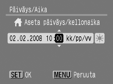 12 Valmistelut Aloitusopas Päivämäärän ja kellonajan asettaminen Päivämäärän ja ajan asetusvalikko tulee näyttöön, kun kameraan kytketään virta ensimmäisen kerran.
