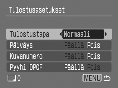 Päiväys- ja Kuvanumero-asetukset muuttuvat Tulostustapaasetuksen mukaan seuraavasti: - [Luettelokuva] [Päiväys]- ja [Kuvanumero]-vaihtoehtojen arvo ei voi olla [Päällä] samanaikaisesti.