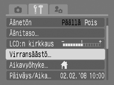 Kameran asetusten määrittäminen 165 Virransäästötoiminnon asettaminen Tämä kamera on varustettu virransäästötoiminnolla, joka voi automaattisesti katkaista kameran tai nestekidenäytön virran. Autom.