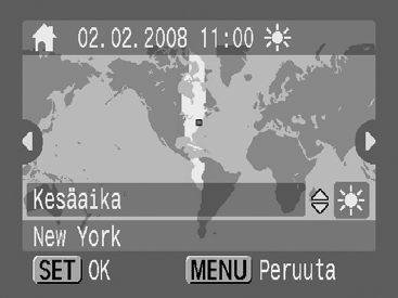 aikavyöhykkeet. Näin sinun ei tarvitse muuttaa Päiväys/Aika-asetuksia. Koti/maailma-aikavyöhykkeiden asettaminen 1 Valitse [Aikavyöhyke]. 1. Paina -painiketta. 2. Valitse - tai -painikkeella -valikko.