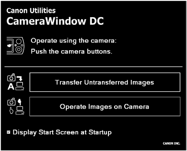 CameraWindow-ikkuna tulee näyttöön. Macintosh Kun kameran ja tietokoneen välinen tiedonsiirtoyhteys on muodostettu, näyttöön tulee CameraWindow.