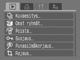 47 Kuvaus-, Käyttö-, Tulostus-, Asetukset- ja Minun kamerani -valikot ( -painike) Näiden valikoiden avulla voit määrittää mieleisesi kuvaus-, toisto- ja tulostusasetukset.