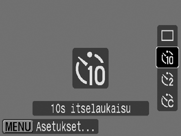 66 Itselaukaisun käyttäminen Käytettävissä olevat kuvaustilat s. 220 Voit määrittää aikaviiveen ja otosten määrän etukäteen. 10s itselaukaisu: kuvaa 10 sekunnin kuluttua laukaisimen painamisesta.