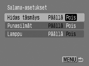 2 Määritä salaman asetukset. 1. Valitse haluamasi vaihtoehto - tai -painikkeella. 2.