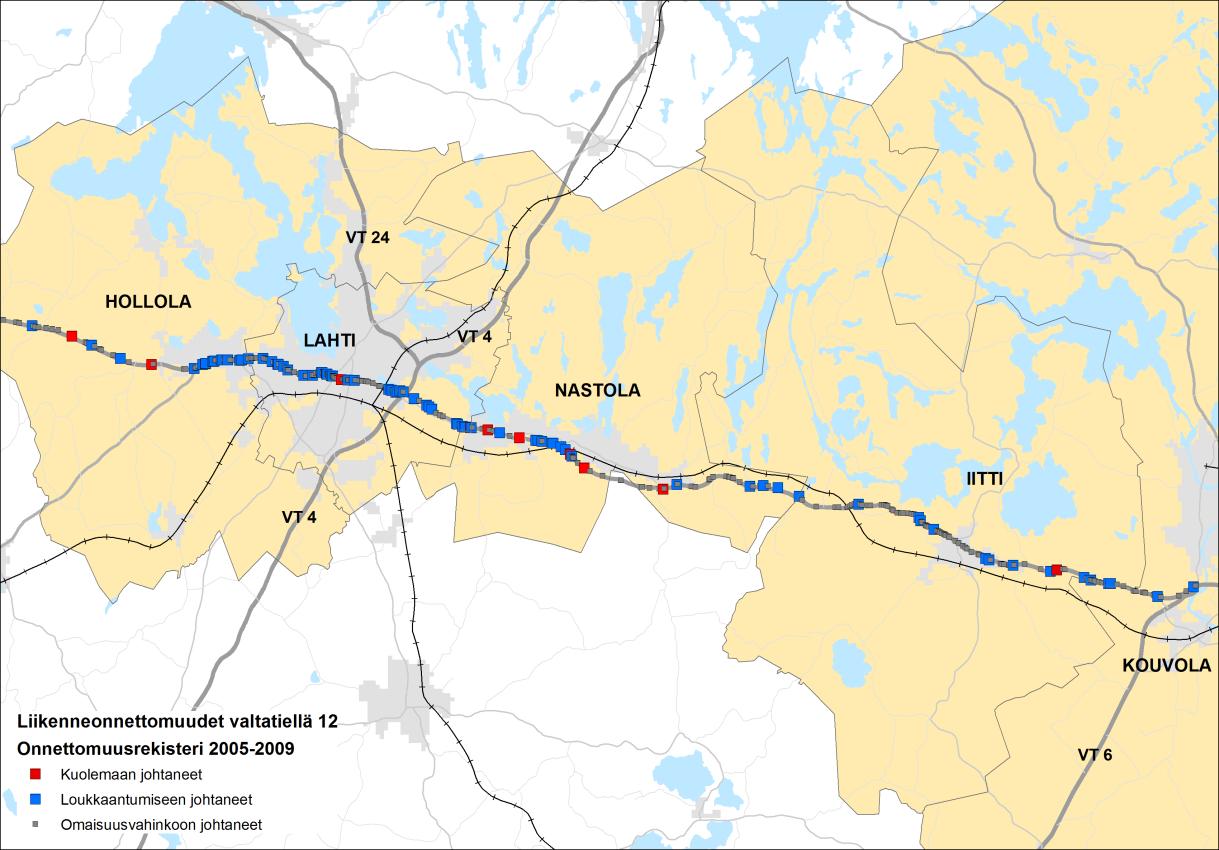 21 Kuva 16. Liikenneonnettomuudet valtatiellä 12 vuosina 2005 2009. Kuva 17.