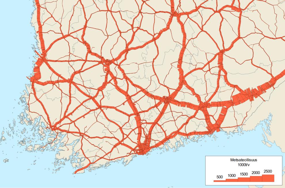 Kuva 25. Metsäteollisuuden tavaravirrat (t) tieverkolla. 4.2 Muu valmistava teollisuus Muuhun valmistavaan teollisuuteen kuuluu mm.