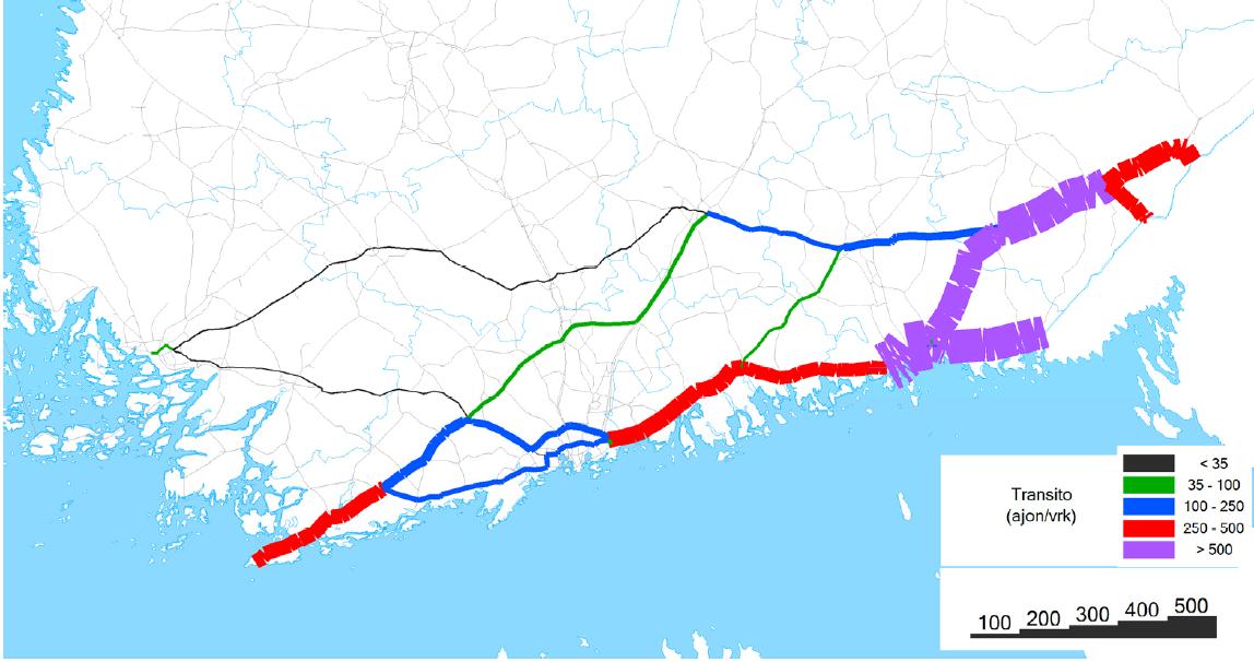 Kuva 34. Satamien transitokuljetusten sijoittuminen Etelä-Suomen pää- ja seututieverkolle (raskaita ajoneuvoja/vrk) (Leskinen ja Niinikoski 2009).