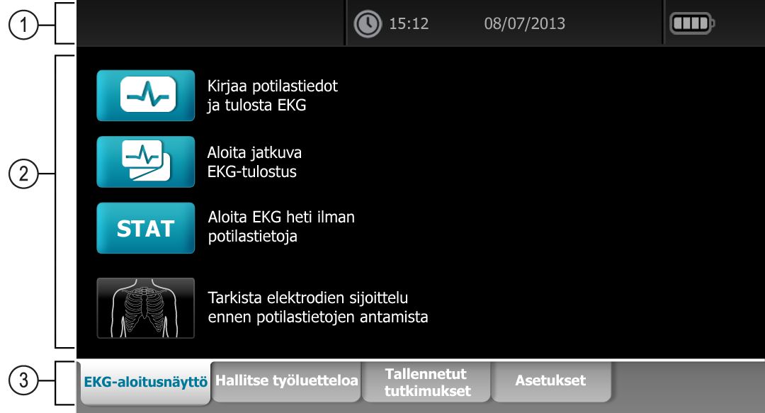 5 EKG-aloitusnäyttö EKG-aloitusnäyttö EKG-aloitusnäyttö (ECG home) sisältää seuraavat kentät: Nimike Alue 1 Laitteen tila 2 Sisältö 3 Navigointi Laitteen tila-alue EKG-aloitusnäytön